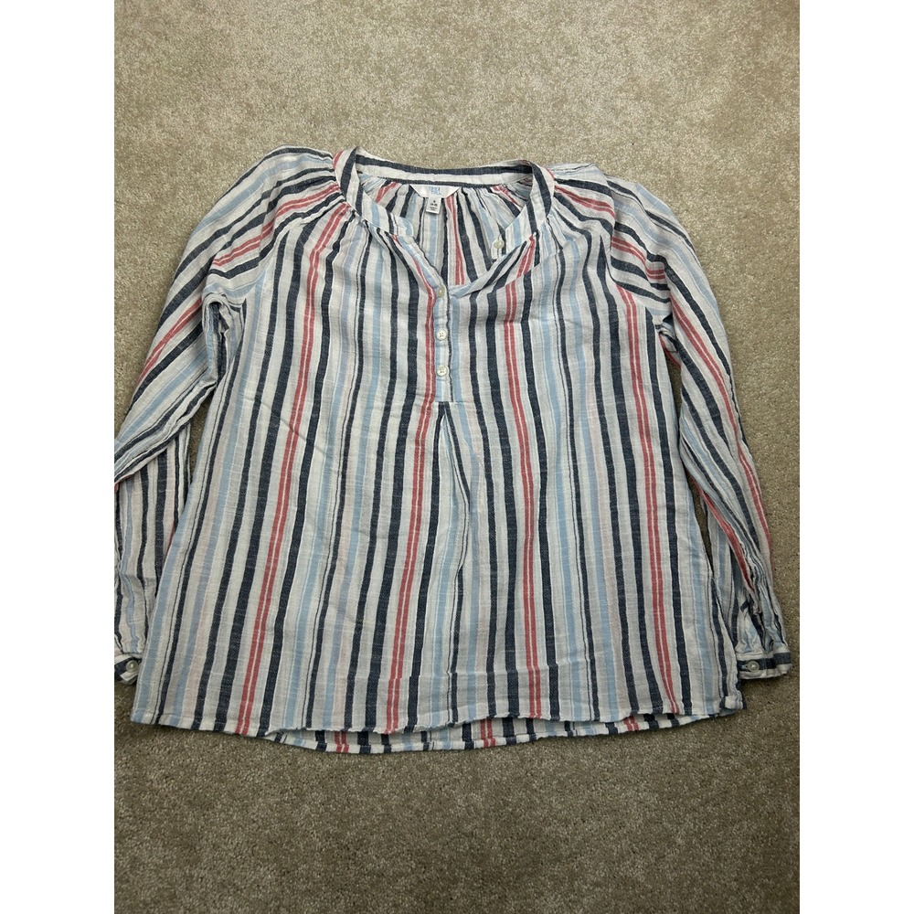 Time and Tru Women's Blouse S 4-6 Blue Coral Stripe Cotton Button Front